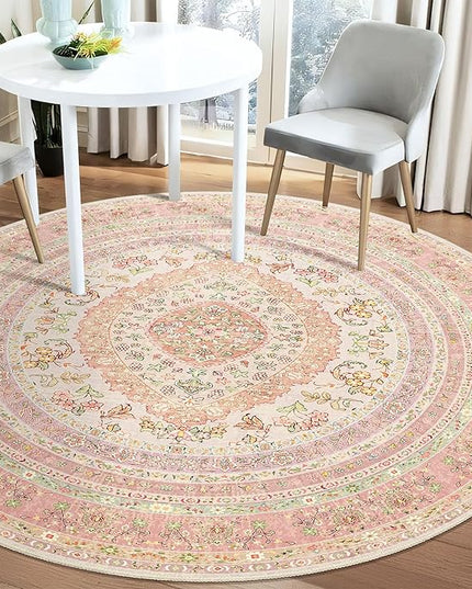 Round Area Rugs 5ft Washable,Pink Rug for Living Room Bedroom Dining Room,Circle Boho Vintage Bohemian Distressed Farmhouse Carpet Non Slip,Blush Floral