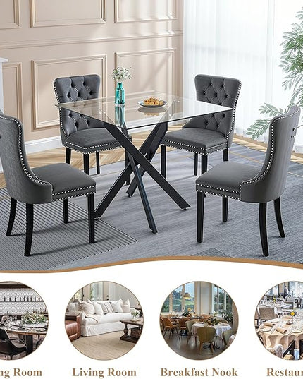 5 Piece Square Glass Dining Table Set for 4, Modern Dining Room Table and Chairs Set, Tempered Glass Top Kitchen Table with 4 Velvet Chairs, Space Saving Dining Set for Small Apartment or Home