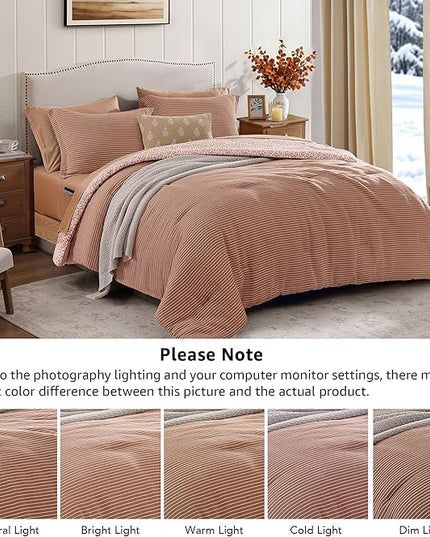 Full Comforter Set - 7 Pieces Autumn Leaf Gauze Muslin Bedding Sets for All Seasons, Lightweight Breathable Bed in a Bag Full with Revesible Farmhouse Comforter, Sheets, Pillowcases & Shams