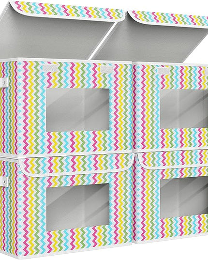 Univivi Fabric Foldable Storage Boxes [4-Pack] Large Collapsible Stackable Storage Bins with Lids, Closet Organizers and Storage Cube Basket for Home, Office, Bedroom (Colorful, 17”x 12” x 12”)