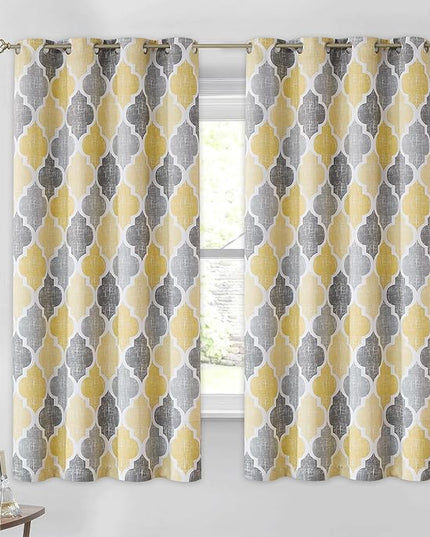 Beauoop 100% Blackout Curtains 54 Inches Long 2 Panels for Bedroom Living Room Yellow Grey Moroccan Geo Room Darkening Thermal Insulated Soundproof Grommet Top Window Treatments Drapes, 50x54 Set of 2