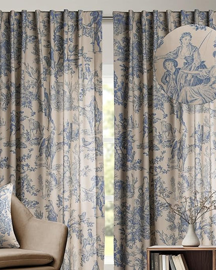 Maison d' Hermine Curtains for Living Room 100% Cotton 84 inch Length Two Panels Light Filtering Toile Curtains for Bedroom Windows with Rod and Loop Pockets Drapes (The Miller Blue, 50" W x 84" L)