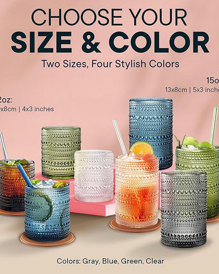12 OZ Hobnail Drinking Set of 12 – Vintage Embossed Glassware, Textured Tumblers for Water, Beer, Cocktails, Mocktails, Whiskey & More – Includes Straws and Coasters – Green