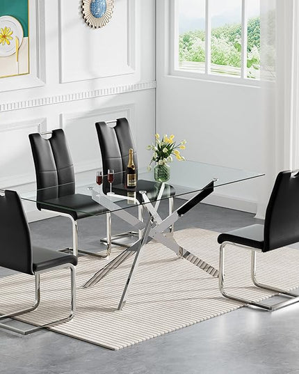 HomVent 5 Piece Rectangular Glass Dining Table Set, Rectangular Glass Kitchen Table Set for 4 with 4 PU Upholstered Dining Chairs for Kitchen Dining Room