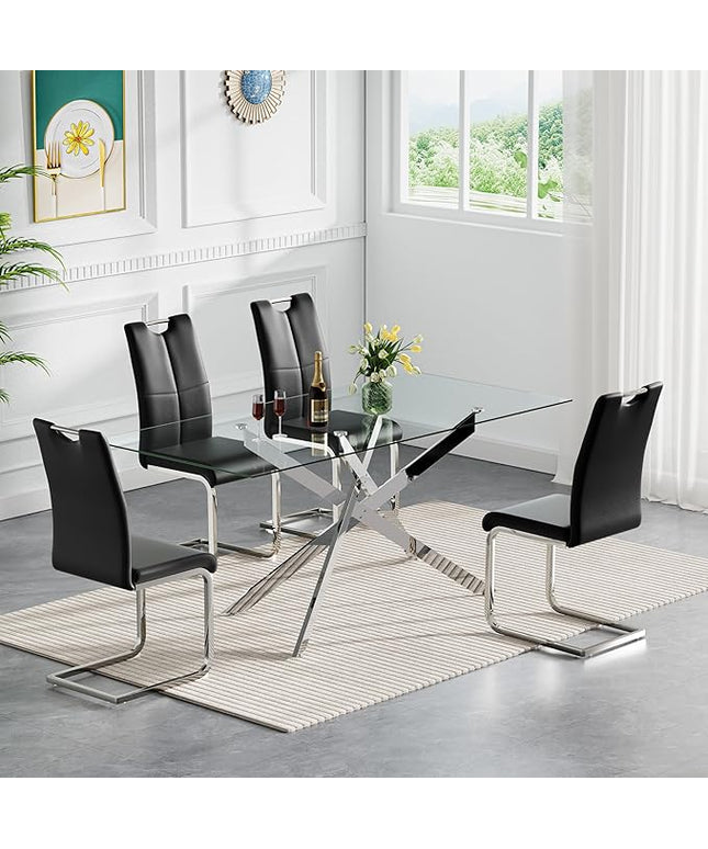 HomVent 5 Piece Rectangular Glass Dining Table Set, Rectangular Glass Kitchen Table Set for 4 with 4 PU Upholstered Dining Chairs for Kitchen Dining Room