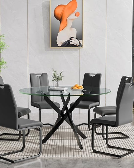 HomVent 7 Piece Round Glass Dining Table Set, Round Glass Kitchen Table Set for 6 with 6 PU Upholstered Dining Chairs for Kitchen Dining Room