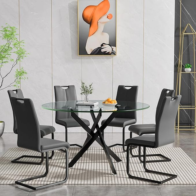 HomVent 7 Piece Round Glass Dining Table Set, Round Glass Kitchen Table Set for 6 with 6 PU Upholstered Dining Chairs for Kitchen Dining Room