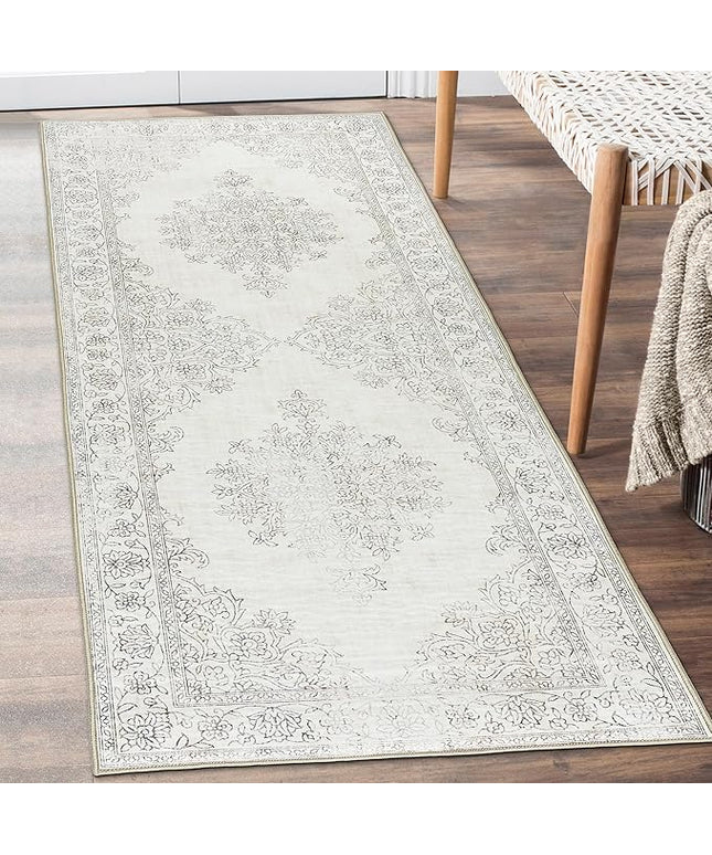 ReaLife Rugs Machine Washable Area Rug Runner - Living Room Bedroom Bathroom Kitchen Entryway Office - Padded Low Pile Stain Resistant Premium - Boho Farmhouse Vintage - Paige - Ivory 2'6" x 6'