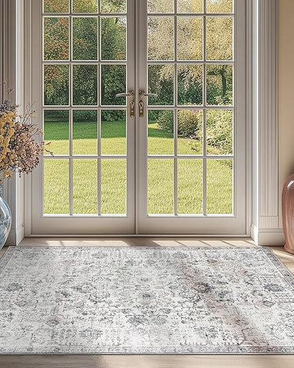 jinchan Kalen Area Rug 3x5 Washable Entryway Rug Vintage Door Mat Indoor Entrance Thin Retro Distressed Gray Floral Doormat Country Boho Lightweight Non Slip Carpet for Bathroom Kitchen Bedroom Grey