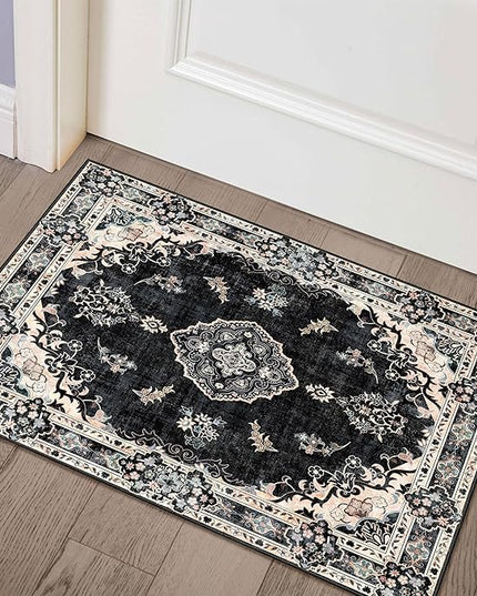 MUJOO Black Rug 2'x3',Small Washable Area Rugs for Entryway Kitchen Bathroom Bedroom,Boho Vintage Bohemian Distressed Farmhouse Non Slip Carpet, Floral