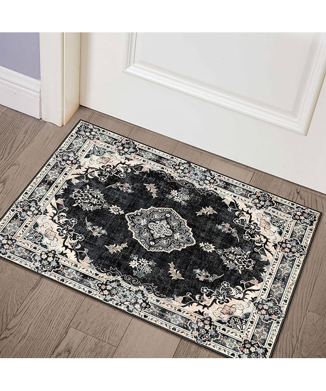MUJOO Black Rug 2'x3',Small Washable Area Rugs for Entryway Kitchen Bathroom Bedroom,Boho Vintage Bohemian Distressed Farmhouse Non Slip Carpet, Floral