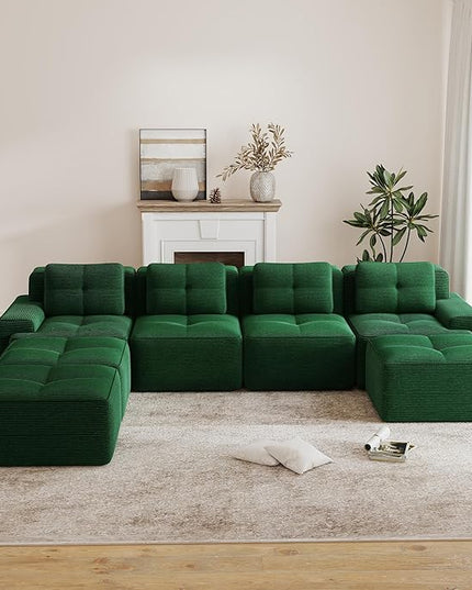 Hommoo Oversized Modular Sectional Sofa, 7 Seat Sleeper Sofa Bed, Comfy Corduroy Couch with Deep Seat, 153”Convertible Boneless Couch with Ottoman for Living Room No Assembly Required Green