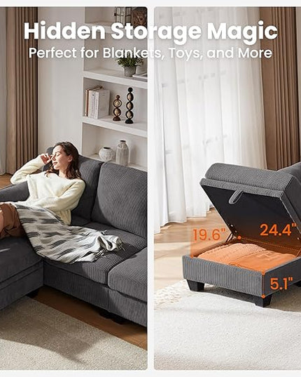 CHIC HOUSE Corduroy Modular Sectional Couch with Ottoman Chaise, L/U Shaped Sleeper Sofa for Living Room, Apartment, Lounge, Modern Armrest Neck Support Furniture (7 Seater Sectional, Dark Grey)