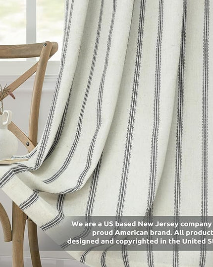 DriftAway Farmhouse Linen Blend Blackout Curtains 63 Inches Long for Bedroom Vertical Striped Printed Linen Curtains Thermal Insulated Lined Treatments for Living Room 2 Panels W52 x L63 Black
