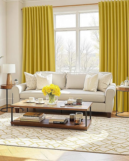 Guken 100% Blackout Curtains 102 Inch Length 2 Panels Set for Living Room Bedroom Back Tab Thermal Insulated Black Out Linen Drapes Room Darkening Celery Yellow,52x102