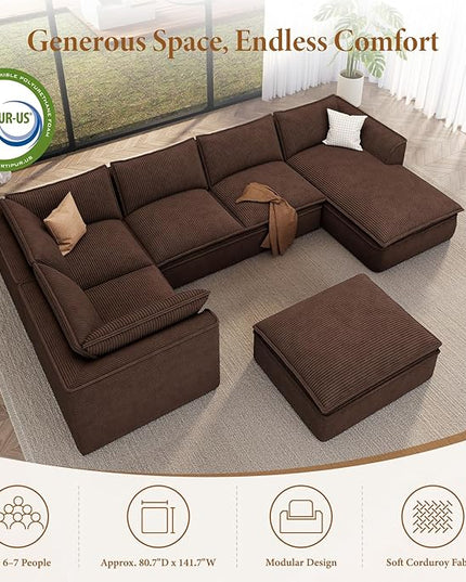 Vesgantti 141.7" Oversized Boneless Sectional Couch, 7 Seater Modular Sofa with Chaise & Ottoman & Armrest, Deep Seat Corduroy Cloud Couches for Living Room, No Assembly Required, Dark Brown