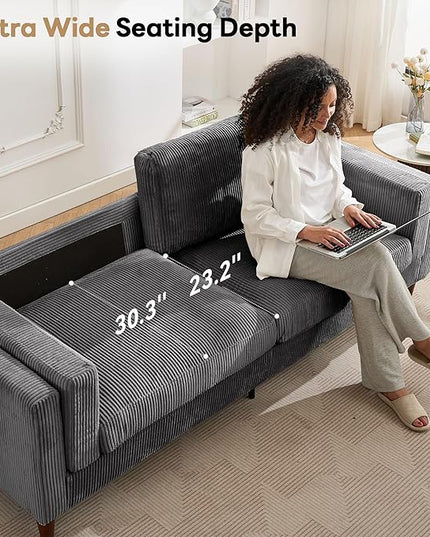 Tbfit 85" Corduroy Couch for Living Room, 3 Seater Mid Century Modern Sofa with Spring Cusions & Extra Deep Seat for Bedroom, Small Comfy Upholstered Couches Easy Assembly with Solid Wood Legs, Grey