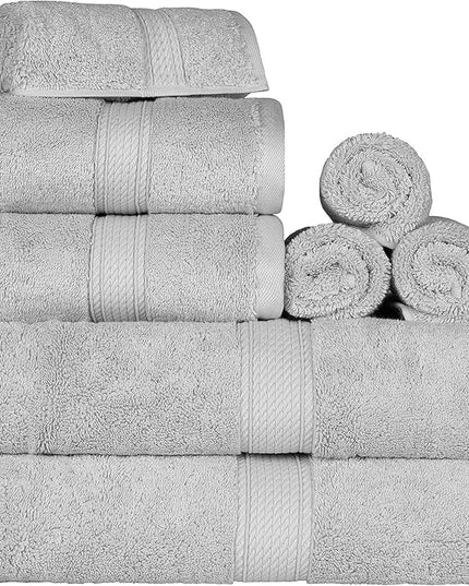 Superior Egyptian Cotton Pile 8 Piece Towel Set, Includes 2 Bath, 2 Hand, 4 Face Towels/Washcloths, Ultra Soft Luxury Towels, Thick Plush Essentials, Guest Bath, Spa, Hotel Bathroom, Silver