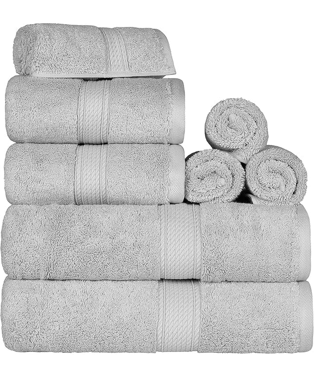 Superior Egyptian Cotton Pile 8 Piece Towel Set, Includes 2 Bath, 2 Hand, 4 Face Towels/Washcloths, Ultra Soft Luxury Towels, Thick Plush Essentials, Guest Bath, Spa, Hotel Bathroom, Silver