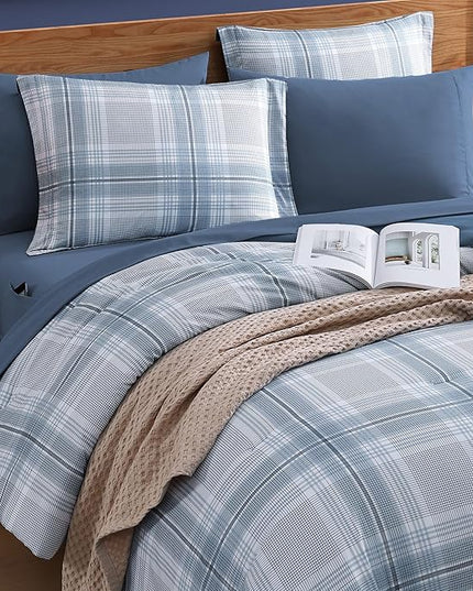 MaiRêve Plaid Queen Comforter Sets, Light Blue Grid Farmhouse Bedding Set Bed in A Bag, Classic Checkered Comforter Sets with Fitted & Flat Sheet, Pillowcases & Shams(Light Blue, 90"x90")