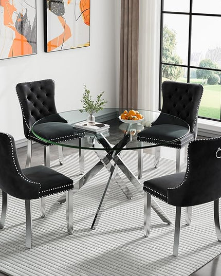 Round Glass Dining Table Set for 4, 47'' Clear Circular Kitchen Table and Chairs Set, 5PCS Modern Circle Dining Room Table Set with 4 Velvet Dining Chair for Home
