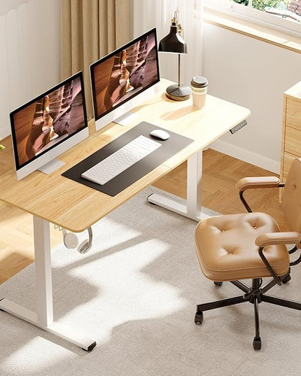 Adjustable Stand Up Desk with Memory Preset,Electric Standing Desk 55x 24 Inch Home Office Desk Computer Workstation Sit Stand Desk, Splice Maple Top + White Frame
