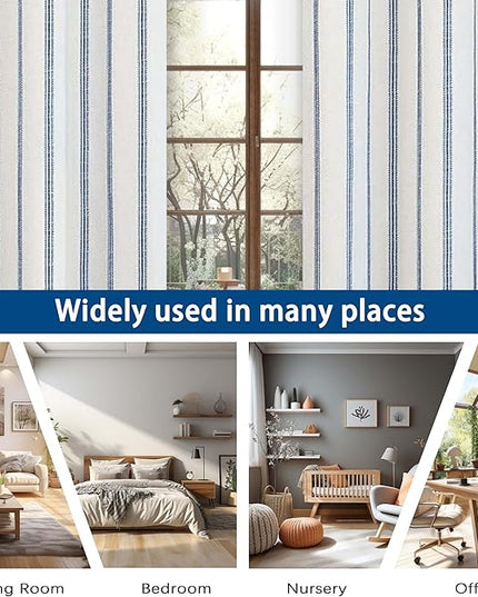 DriftAway Farmhouse Linen Blend Blackout Curtains 84 Inches Long for Bedroom Vertical Striped Printed Linen Curtains Thermal Insulated Lined Treatments for Living Room 2 Panels W52 x L84 Navy