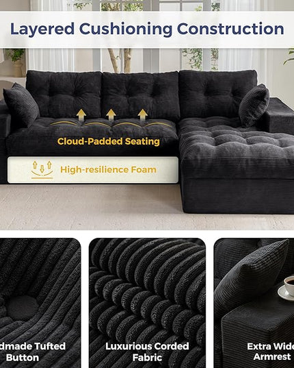 MAXYOYO 104" L Shaped Modular Sectional Sofa with Ottoman, Cloud Boneless Couch with Layered Cushion, Upholstered Sofa in a Box, Flexible Module Combination for Living Room, No Assembly, Black