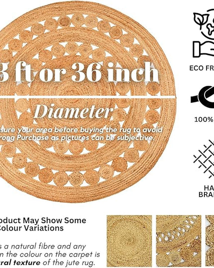 Hand Woven Jute Area Rug - 3' Round - Rustic Beige Reversible Farmhouse Rugs for Living Room, Bedroom, Kitchen - Vintage Natural Braided Entry Floor Décor Circle Boho Round Jute Rug 3ft