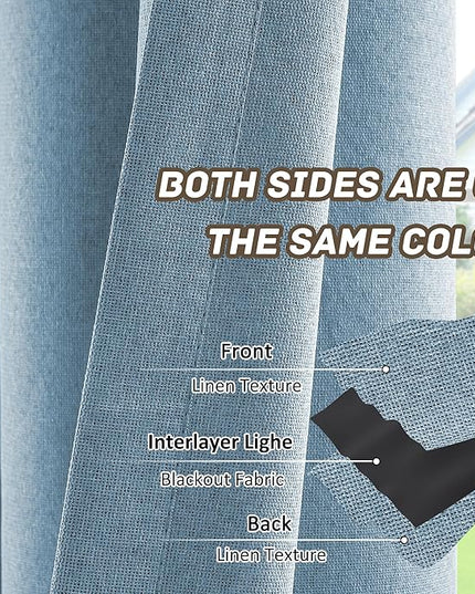 100% Blackout Linen Textured Curtains for Living Room, Bedroom, Light Weight Curtains with Grommets Top, Full Blackout Curtains Privacy Protection, Light Blue, 52" W x 84" L, 2 Panels