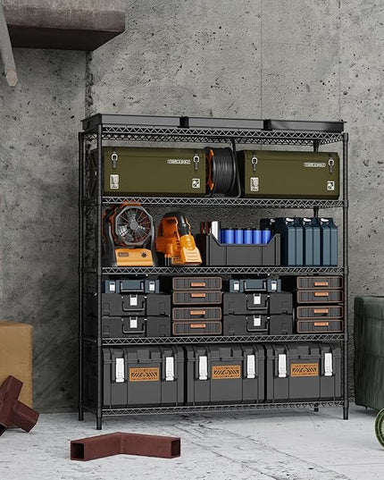 5 Tiers Storage Shelves Load 3300LBS, Metal Shelving Wire Metal Shelving Unit Shelves for Storage Adjustable Garage Shelving for Pantry Kitchen Garage Black 17.7" D x 59.1" W x 70.4" H
