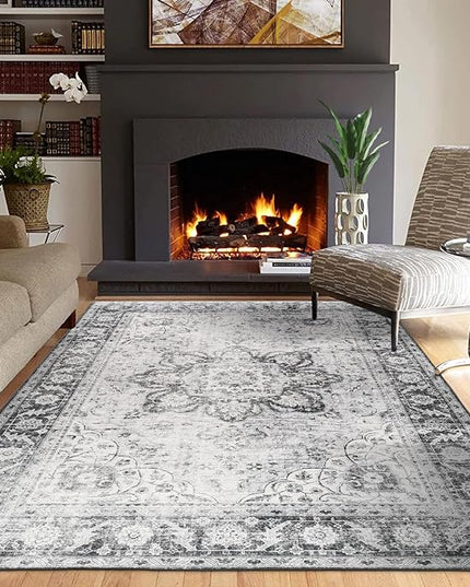 ReaLife Rugs Machine Washable Area Rug - Living Room Bedroom Bathroom Kitchen Entryway Office - Padded Low Pile Stain Resistant Premium - Boho Farmhouse Vintage - Joy - Gray 4' x 6'