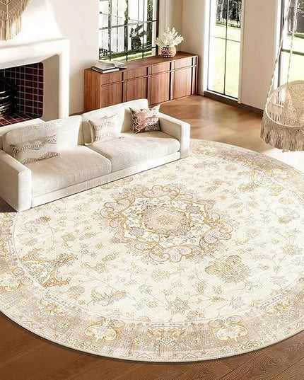 Large Boho Round Rug 9ft, Beige Circle Area Rugs for Bedroom Living Room,Washable Vintage Bohemian Distressed Oriental Floral Carpet Non Slip,Retro Gold Floral