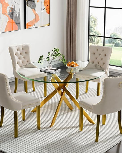HomVent 5 Piece Round Glass Dining Table Set, Tempered Glass Dinner Table Set for 4 Kitchen Table Set with 4 Velvet Upholstered Chairs for Kitchen Dining Room