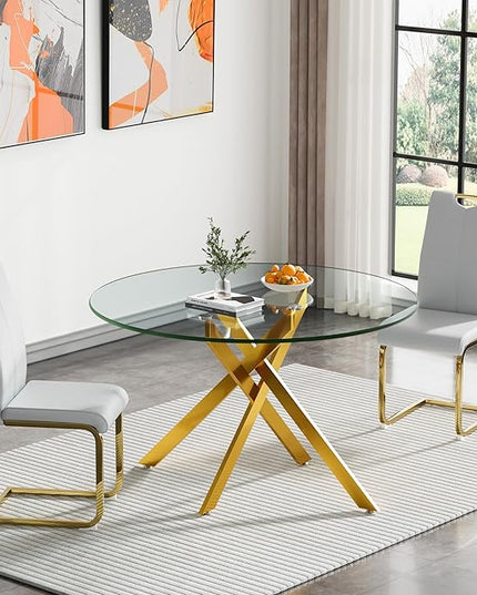 HomVent 3 Piece Round Glass Dining Table Set, Round Glass Kitchen Table Set for 2 with 2 PU Upholstered Dining Chairs for Kitchen Dining Room