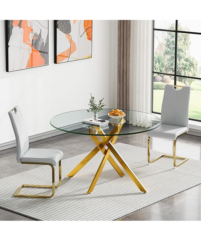 HomVent 3 Piece Round Glass Dining Table Set, Round Glass Kitchen Table Set for 2 with 2 PU Upholstered Dining Chairs for Kitchen Dining Room