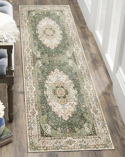Washable Runner Rug 2x6,Green Rug Runners Non Slip,Long Boho Rugs for Hallways Kitchen Bedroom Entryway Living Room Bathroom,Vintage Bohemian Distressed Floor Carpet,Floral