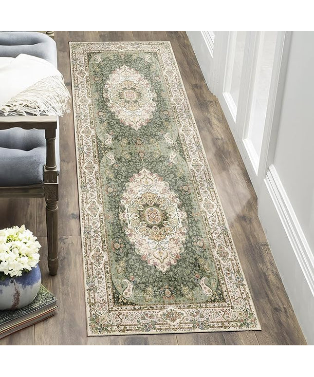 Washable Runner Rug 2x6,Green Rug Runners Non Slip,Long Boho Rugs for Hallways Kitchen Bedroom Entryway Living Room Bathroom,Vintage Bohemian Distressed Floor Carpet,Floral
