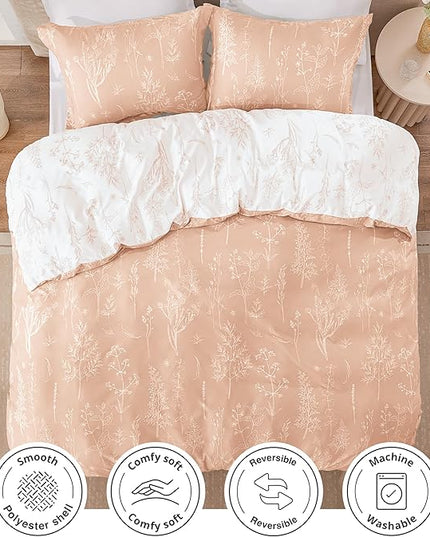 Love's cabin Pink Queen Comforter Set - Queen Size Comforter Set, 3 Pieces Cute Floral Bedding Sets for All Seasons,1 Soft Reversible Botanical Flowers Comforter and 2 Pillow Shams