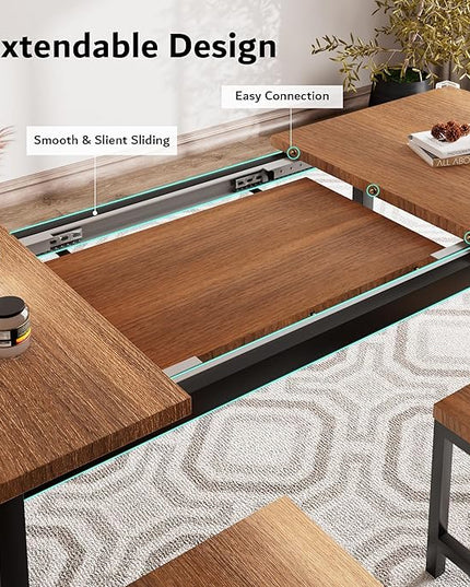iPormis 7-Piece Dining Table Set with 6 Stools, 63" Extendable Kitchen Table Set for 4-8, Modern Dining Room Table with Sturdy Metal Frame, Space-Saving Dinette, Walnut