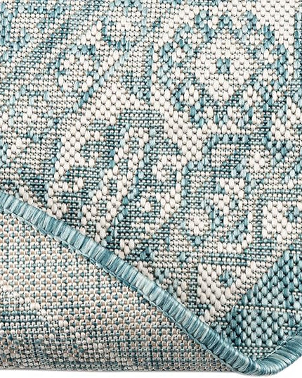 Rugs.com Outdoor Aztec Collection Rug – 4 Ft Round Aqua Flatweave Rug Perfect for Kitchens, Dining Rooms