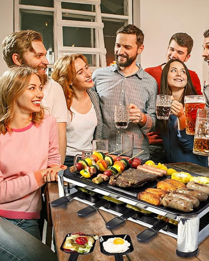 TAMARIT 8-Person Raclette Grill, Electric Party Griddle with Nonstick Grill and Crepe Plates, 8 Pans and Spatulas, 1500W (Indoor), Stainless Steel