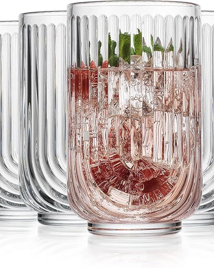 Glaver's Vintage Glassware Art Deco Glasse Ribbed Drinking Glasses U-Shape Arch Design Colored Cocktail Kitchen Tumblers Everyday Dinner Decorative Party (Clear S/4 17oz)