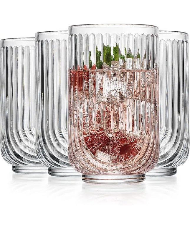 Glaver's Vintage Glassware Art Deco Glasse Ribbed Drinking Glasses U-Shape Arch Design Colored Cocktail Kitchen Tumblers Everyday Dinner Decorative Party (Clear S/4 17oz)
