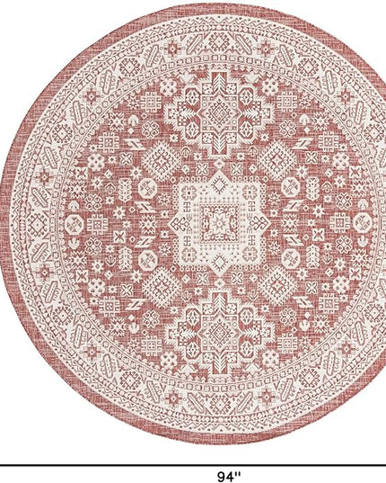 Rugs.com Outdoor Aztec Collection Rug – 8 Ft Round Rust Red Flatweave Rug Perfect for Kitchens, Dining Rooms