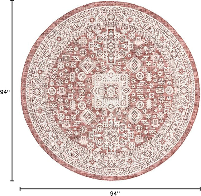 Rugs.com Outdoor Aztec Collection Rug – 8 Ft Round Rust Red Flatweave Rug Perfect for Kitchens, Dining Rooms