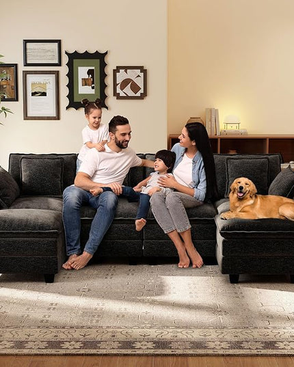 Ihanherry 106" U-Shaped Modern Sofa Modular Sectional Cloud Couch 6-Seat Chenille Seat Sofa with Ottoman for Living Room, Bedroom and Apartment, Black