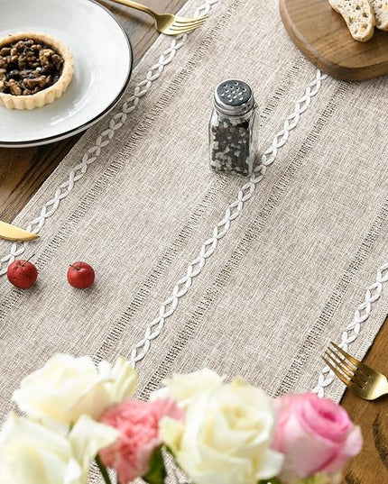 Artoid Mode Brown Rustic Cotton Linen Table Runner, Seasonal Embroidered Hollow Kitchen Dining Table Decoration for Home Party Decor 13x36 Inch