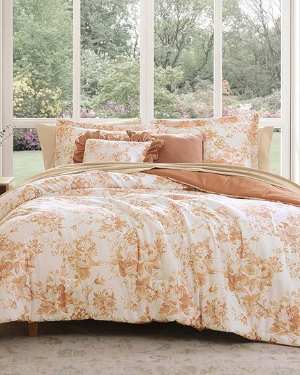 Full Comforter Set -7 Pieces Autumn Leaf Floral Comforter Set for All Seasons, Bed in a Bag Full with Botanical Flowers Comforter, Sheets, Pillowcases & Shams