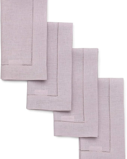 Solino Home Linen Napkins Set of 4 - Classic Hemstitch 100% Pure Linen Lilac Dinner Napkins Cloth 20 x 20 Inch - Handcrafted and Machine Washable